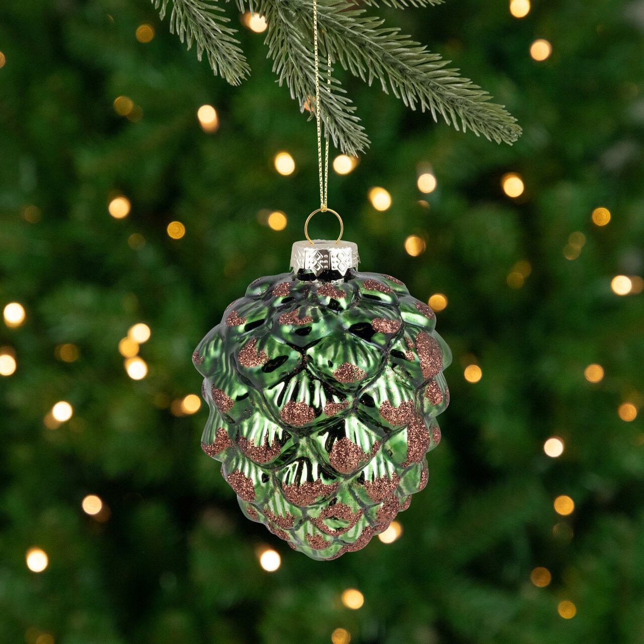 Northlight Pine Cone with Glitter Glass Christmas Ornament - 4.5" - Green and Brown
